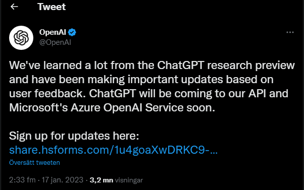 OpenAI tweet about their own ChatGPT API